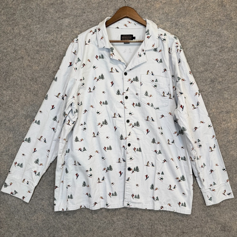 Pendleton Ski Flannel Pajama Shirt Men Large AOP Graphic Pine Trees Skiers Sleep